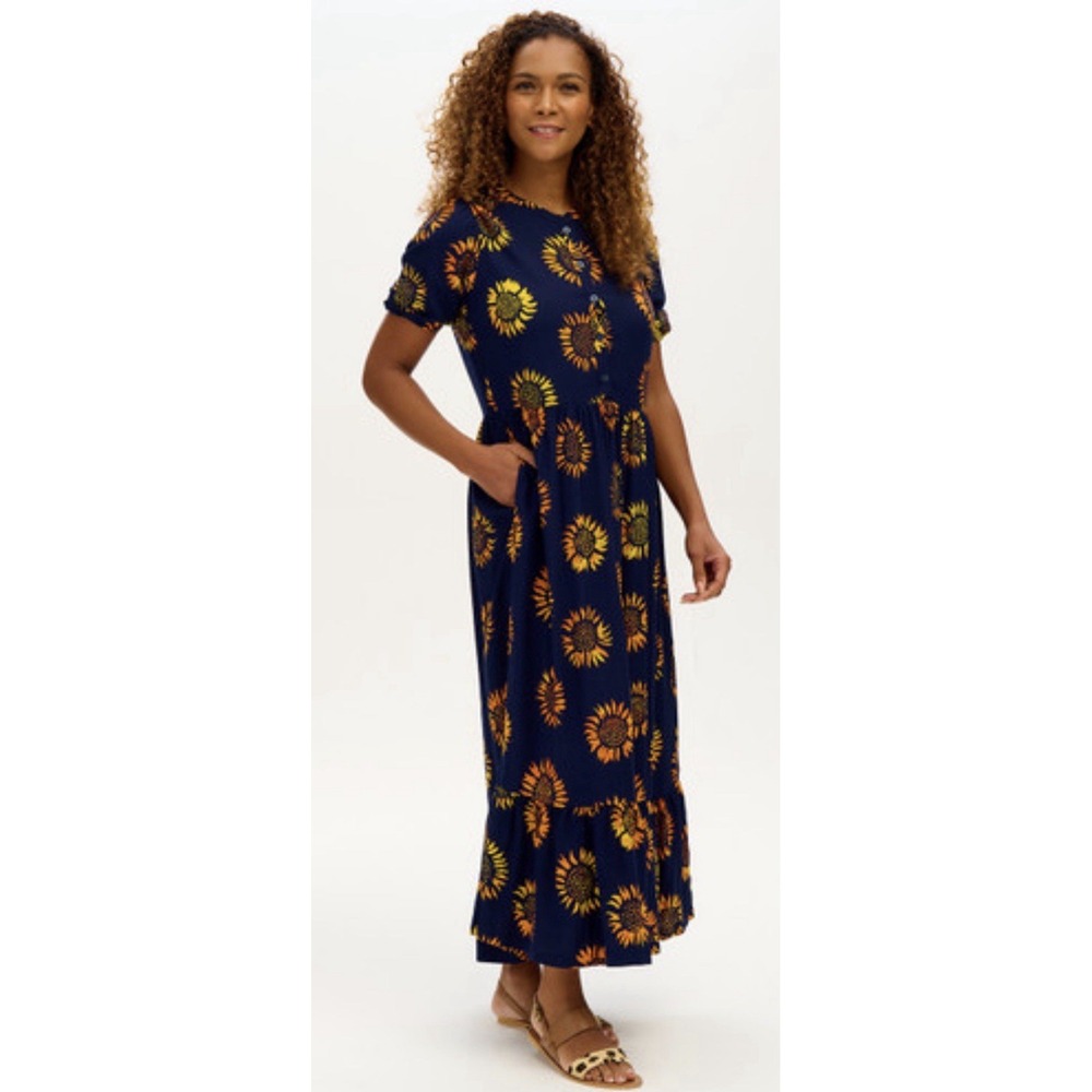 Sugarhill Brighton Tammy Batik Maxi Smock Dress Navy Sunflower US 6 NWT